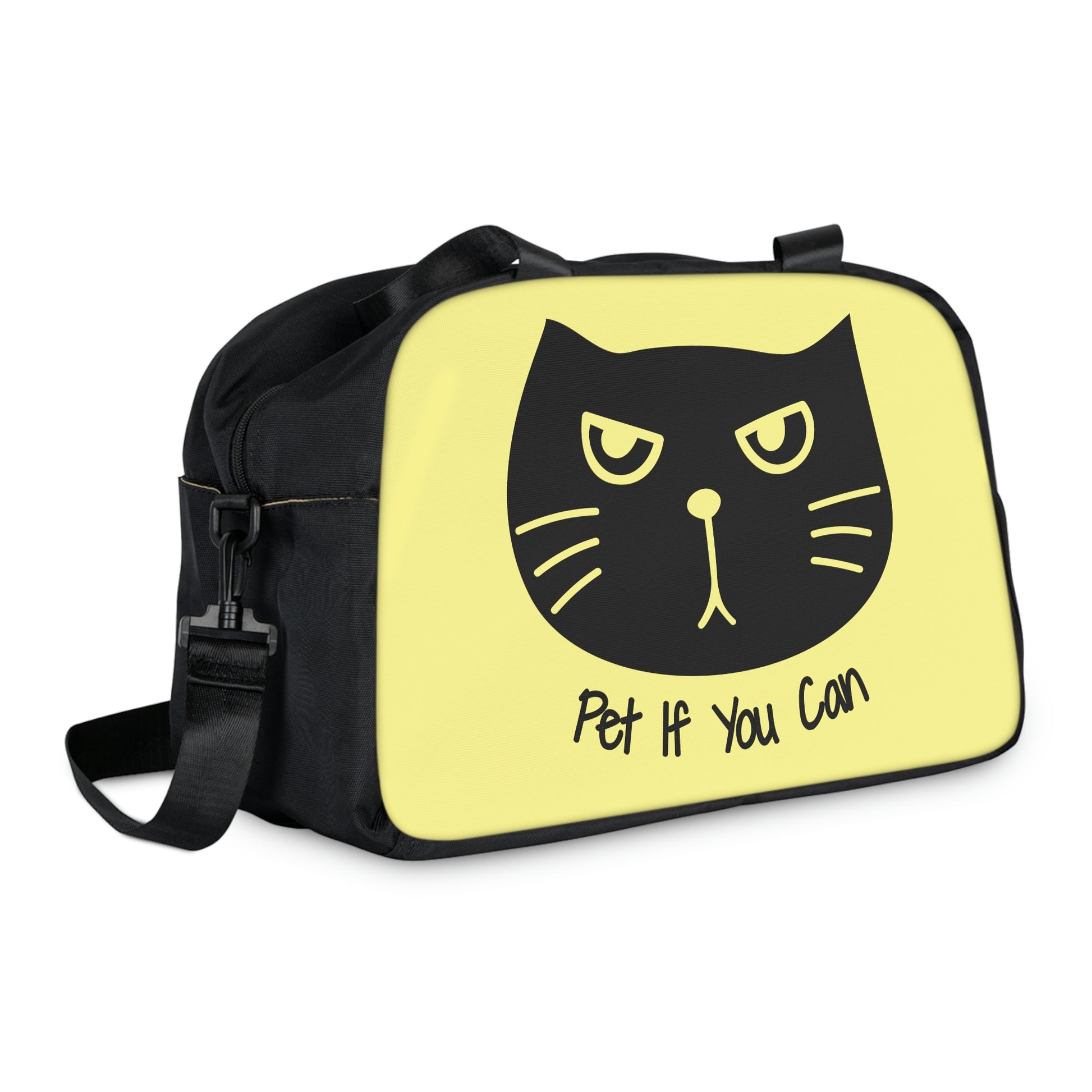 Black cat "Pet If You Can" yellow Fitness Handbag, Cat workout bag, gym bag, cat lover gift ,yoga bag, shoulder bag, travel bag, sport bag