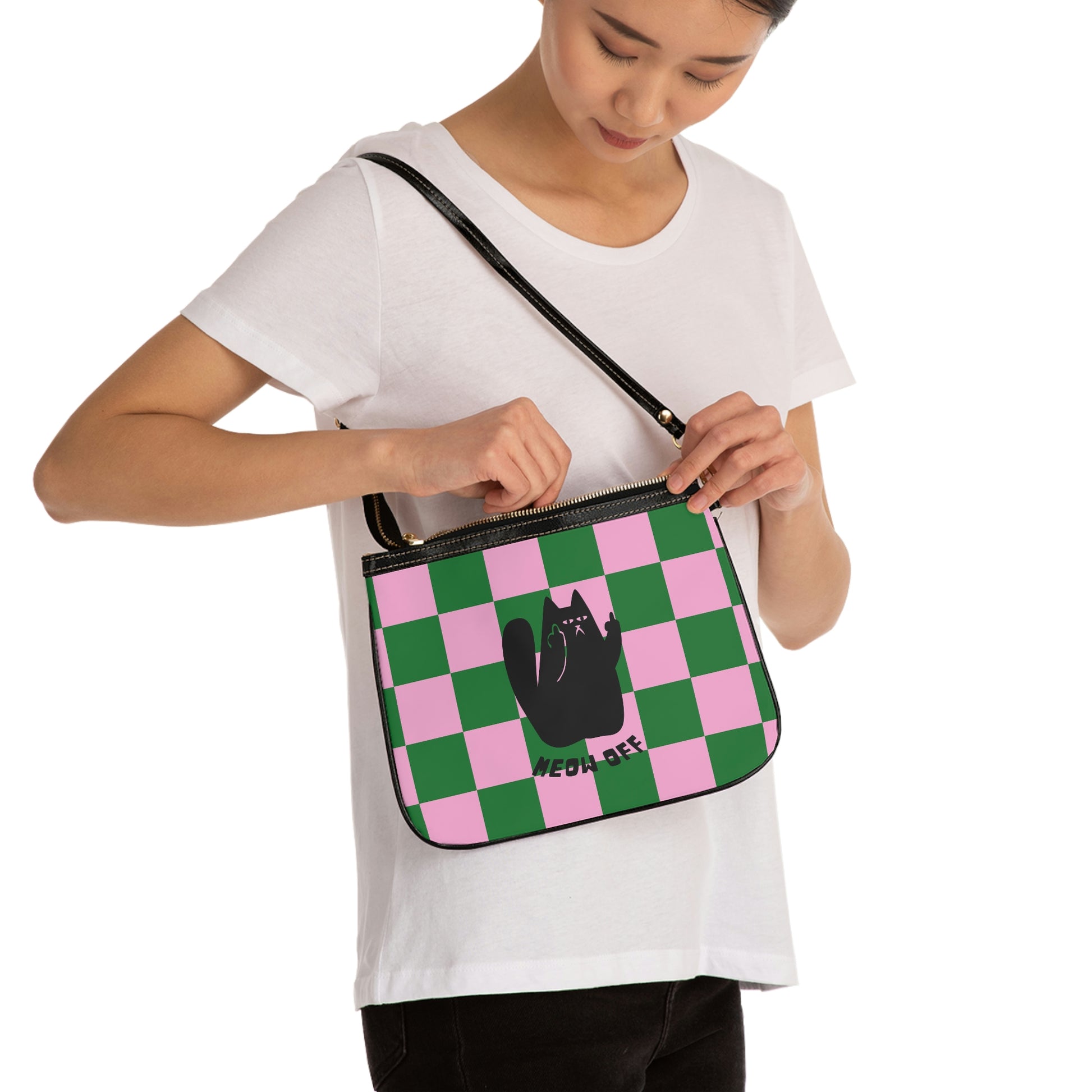 Checkered Funny cat Small Shoulder Bag, Black Cat pointing middle finger crossbody bag, cat lover gift, gift for her, cat mom small purse