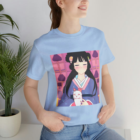 Anime girl in kimono and cat T-shirt, anime geisha and cat shirt, cute anime girl shirt, kawaii cat shirt, Otaku Japanese culture T-shirt