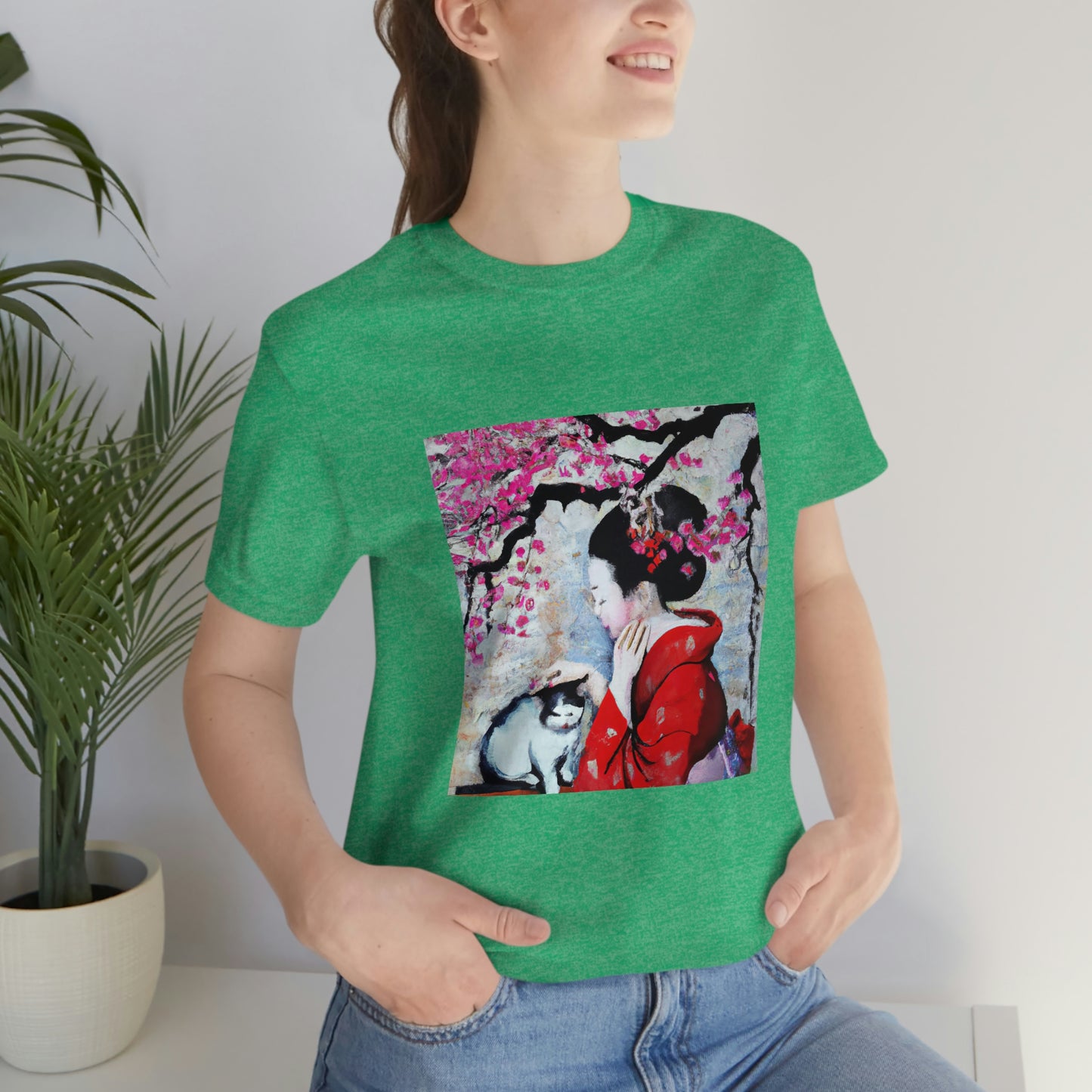 Geisha and a cat sakura tree T-shirt