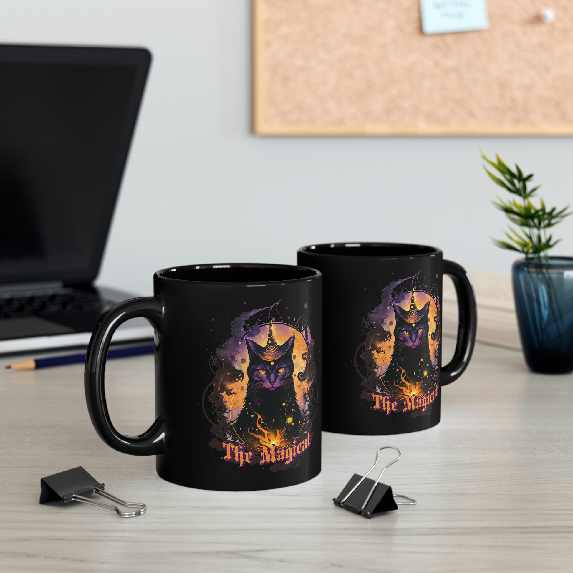 Magical black cat 11oz Black Mug, witchy cat familiar mug, celestial whimsical fantasy coffee mug, gothic cat mug, spiritual mystic tea cup